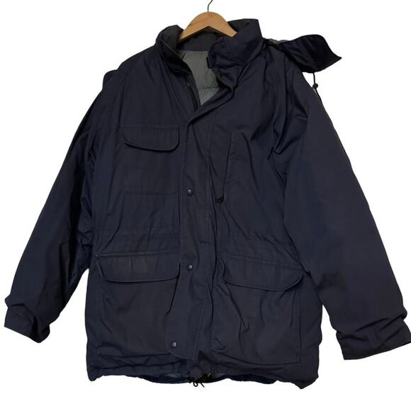 Vtg Eddie Bauer blue Goose Down Puffer Jacket XL Duster Hoodie winter Coat Mens - Picture 1 of 10